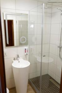 uma casa de banho com um lavatório e uma cabina de duche em vidro. em Hotel Restaurant Rodizio Paderborn em Altenbeken