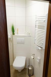 Hotel Restaurant Rodizio Paderborn في Altenbeken: حمام ابيض مع مرحاض ومغسلة