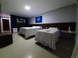 Belo Jardim的住宿－Hotel Asa Branca，一间酒店客房,设有两张床和电视