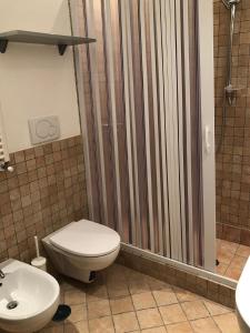 a bathroom with a shower with a toilet and a sink at FORT.Montagna A106 in Rivisondoli