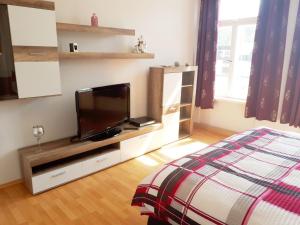 a bedroom with a flat screen tv and a bed at Pension Altenburg City in Altenburg