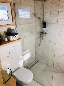 a bathroom with a shower with a toilet and a sink at Rezortík Lučivná pre rodiny s deťmi, 300m od vleku, Vysoké Tatry in Lučivná