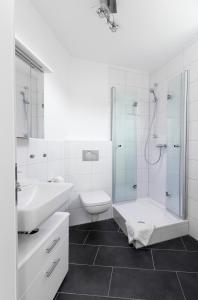 La salle de bains est pourvue d'un lavabo, de toilettes et d'une douche. dans l'établissement Quiet Nature Near Cologne 2, à Bergisch Gladbach