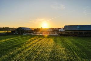 a field with a barn and the sunset in the background at Quinta Da Comporta - Wellness Boutique Resort in Comporta