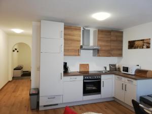 kuchnia z białymi urządzeniami i drewnianymi szafkami w obiekcie Ferienwohnung Schmied 3 w mieście Hainbach