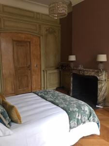 1 dormitorio con 1 cama blanca grande y chimenea en Le domaine de barbizon, en Saint-Martin-en-Bière