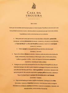 a page of a menu for a restaurant at Casa Urgueira in Pendilhe