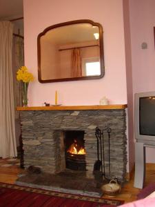 a living room with a fireplace and a mirror at Tigh Cladach in Cahersiveen