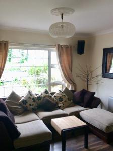 ein Wohnzimmer mit einem Sofa und einem großen Fenster in der Unterkunft Ballydevitt Retreat in Donegal