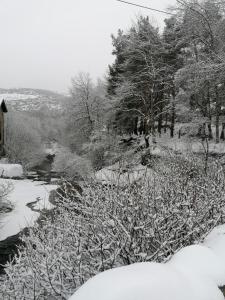a snow covered field with a river and trees at El Cerrillo II in San Martín del Pimpollar