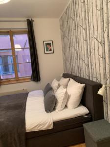 a bedroom with a bed with pillows and a window at Mariposa in Innsbruck