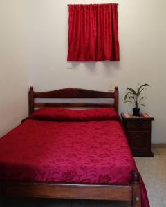 a bedroom with a red bed and a red curtain at Hotel La Piedad in Buenos Aires +14 photos