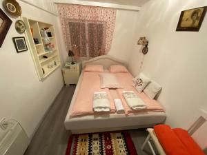 a small bedroom with a bed and a window at Apartments Borove Noci in Vrdnik