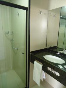 y baño con lavabo y ducha con espejo. en Hotel Des Basques, en Maceió