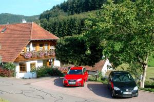 deux voitures garées devant une maison dans l'établissement Ferienhaus Gehring, à Schuttertal