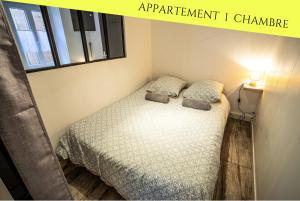 a small bedroom with a bed with two pillows at Les Appartements du Pont Joubert in Poitiers