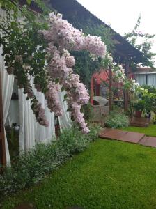 a bunch of pink flowers hanging from a fence at Pousada Charme e Estilo in Nova Petrópolis