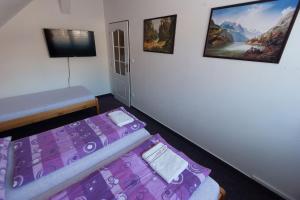 a room with two beds and a flat screen tv at Penzion K in Rudník