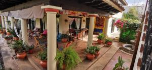 a porch with potted plants on the side of a building at Hotel Ocho Barrios in San Cristóbal de Las Casas