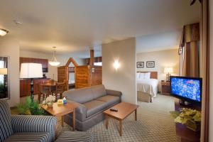 a living room with a couch and a bed and a television at Holiday Inn Purdue - Fort Wayne, an IHG Hotel in Fort Wayne