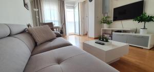 uma sala de estar com um sofá e uma televisão em Royal apartment Belvill em Belgrado