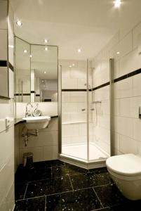 a bathroom with a shower and a toilet and a sink at Alte - Post - Hotel in Schöppingen