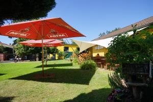 a red umbrella sitting in the middle of a yard at Barrel -schlafen im Fass in Gorleben