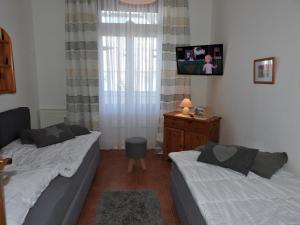 a bedroom with two beds and a tv on the wall at Villa Minna in Göhren