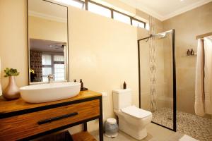 uma casa de banho com um lavatório, um WC e um chuveiro em Elephants Safari Lodge - Bellevue Forest Reserve em Paterson