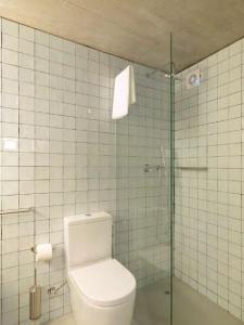 uma casa de banho com um WC e uma cabina de duche em vidro. em Breiner 310 Downtown Porto Boutique Apartments no Porto
