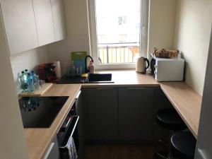 uma cozinha com um lavatório e uma bancada em Apartament Dywizjonu em Varsóvia