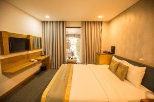 Habitación de hotel con cama grande y TV en The Blue Airport Hotel en Ho Chi Minh