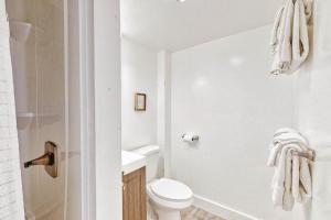 a white bathroom with a toilet and a shower at Manset Grotto in Southwest Harbor