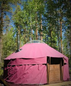 a pink tent in the middle of a forest at Jurtta Linkkumylly in Mäntyharju