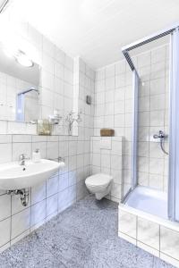 uma casa de banho com um lavatório, um WC e um chuveiro em Gästehaus Achenbach em Wonsheim