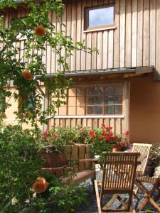 een tuin met twee stoelen en bloemen voor een gebouw bij Hof-Solgaard in Loit