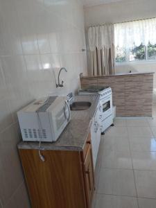 uma cozinha com um micro-ondas, um lavatório e um fogão em Excelente apartamento por temporada na praia da barrinha em São Lourenço do Sul