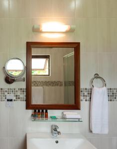 W łazience znajduje się umywalka i lustro. w obiekcie Stone Self Catering Apartment w mieście Grand'Anse Praslin