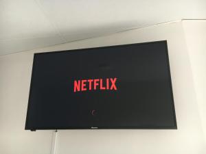 a television with the netflix sign on a wall at Tidor Garden Cottage in Bloemfontein