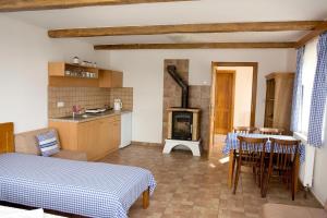 a living room with a kitchen and a stove at Penzion Baborákovi in Dětenice