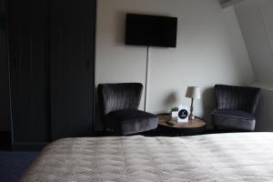 una camera d'albergo con due sedie, un letto e una TV di Hotel "De Klok" a Buren