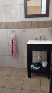a bathroom with a sink and a towel on a shelf at Monoambiente Centrico Pihue in Pigüé
