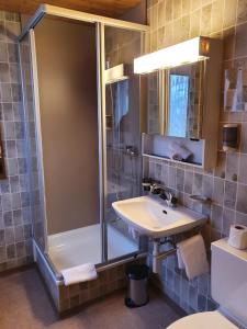La salle de bains est pourvue d'une douche et d'un lavabo. dans l'établissement Historisches Hotel Bären, à Kiental