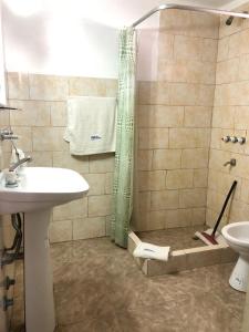 een badkamer met een douche, wastafel en toilet bij Hotel Atlántico Residencial in Santa Teresita