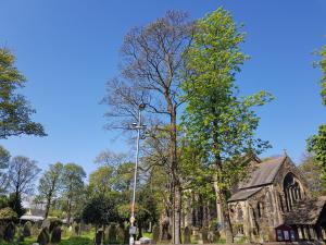 uma igreja com uma luz de rua num cemitério em BlueBells at Plover Cottage Lindley em Huddersfield