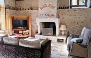 sala de estar con sofá y chimenea en Au jardin de Grand-Père, en Fougères-sur-Bièvre