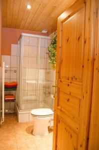La salle de bains est pourvue d'une douche et de toilettes. dans l'établissement Neulandhof Spöring, à Kalyves