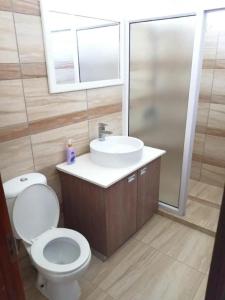 ein Badezimmer mit einem WC, einem Waschbecken und einem Spiegel in der Unterkunft Pereybere Villa Valari with Pool Near Beach in Pereybere