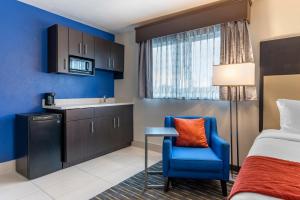 a hotel room with a bed and a blue wall at Comfort Inn & Suites Tigard near Washington Square in Tigard