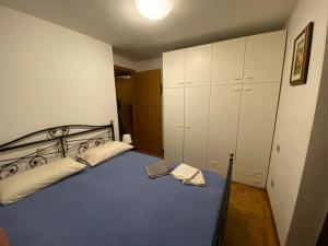 a bedroom with a bed with blue sheets and white cabinets at Appartamento di Viola & Elia in Predazzo